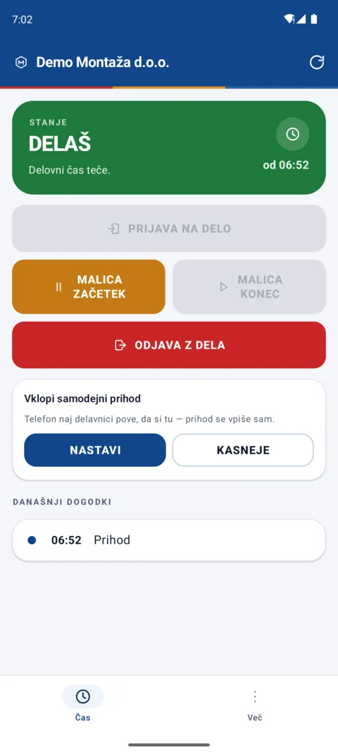 Zaslon Čas na telefonu: prihod je bil vpisan ob 6.52, spodaj ponudba za vklop samodejnega prihoda.