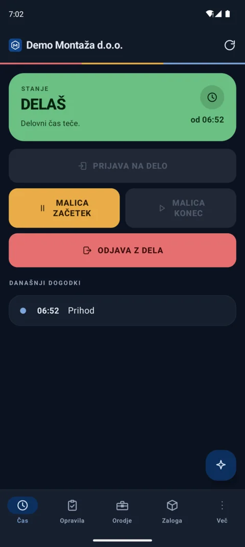 Zaslon Čas na telefonu: indikator DELAŠ od 6.52 in gumbi za malico in odjavo.