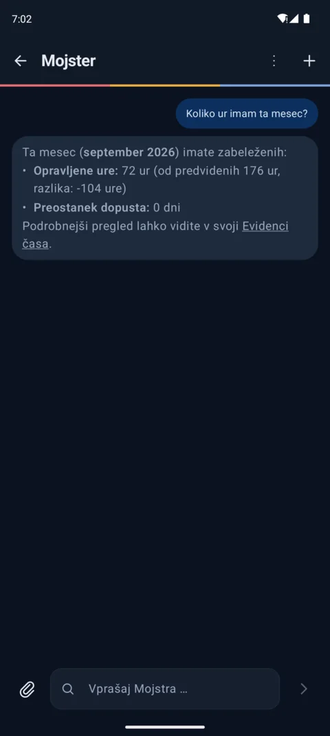 Pogovor z Mojstrom na telefonu: vprašanje o urah in odgovor iz podatkov podjetja.